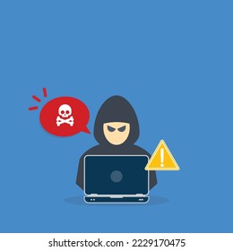 Hacker, Cyber criminal with laptop stealing user personal data. Hacker attack and web security. Internet phishing concept. Hacker in black hood with laptop trying to cyber attack.