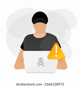 Hacker, Cyber criminal with laptop stealing user personal data. Hacker attack and web security. Internet phishing concept. Hacker in black hood with laptop trying to cyber attack. Vector illustration