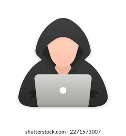 Hacker, Cyber criminal with laptop stealing user personal data. Hacker attack and web security. Internet phishing concept. Flat illustration of a hacker on a laptop for web design. Vector illustration