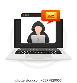 Hacker, Cyber criminal with laptop stealing user personal data. Hacker attack and web security. Internet phishing concept. Spam email concept. Spam message on laptop screen. Vector illustration