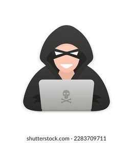 Hacker, Cyber criminal with laptop stealing user personal data. Hacker attack and web security. Internet phishing concept. Hacker in black hood with laptop trying to cyber attack. Vector illustration