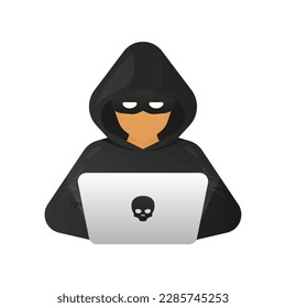 Hacker, Cyber criminal with laptop stealing user personal data. Hacker attack and web security. Internet phishing. Cyber security concept. Vector illustration.