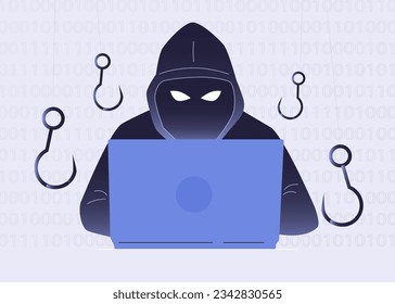 Hacker, Cyber criminal with laptop stealing user personal data. Hacker attack and web security. Internet phishing concept. Hacker in black hood with laptop trying to cyber attack. Programming Code