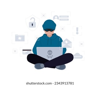 Hacker, Cyber criminal with laptop stealing user personal data. Hacker attack and web security concept. Vector illustration.