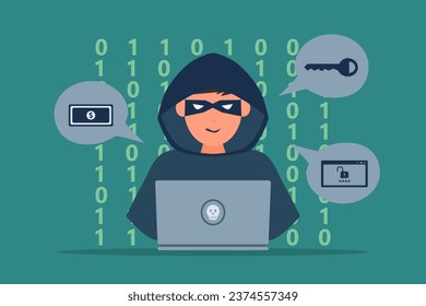 Hacker o Cyber criminal con laptop robando datos personales de los usuarios. Ilustración vectorial del concepto de phishing de Internet.