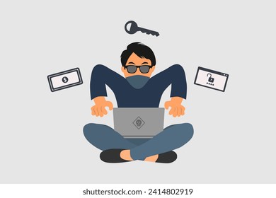 Hacker or Cyber criminal with laptop stealing user personal data. Internet phishing concept vector illustration.