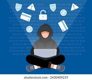 Hacker, Cyber criminal with laptop stealing user confidential data personal information Hacker in black hood with laptop trying to cyber attack