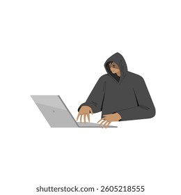 Hacker, Cyber criminal with laptop stealing user personal data. Hacker attack and web security. Internet phishing concept. Hacker in black hood with laptop trying to cyber attack.