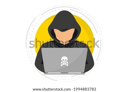 Hacker, Cyber criminal with laptop stealing user personal data. Hacker attack and web security. Internet phishing concept. Man in black hood with laptop trying to cyber attack