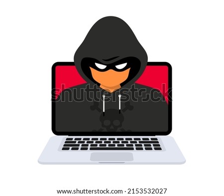 Hacker, Cyber criminal with laptop stealing user personal data. Hacker attack and web security. Internet phishing concept. Hacker in black hood with laptop trying to cyber attack. Programming Code
