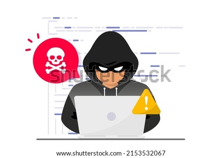 Hacker, Cyber criminal with laptop stealing user personal data. Hacker attack and web security. Internet phishing concept. Hacker in black hood with laptop trying to cyber attack. Programming Code