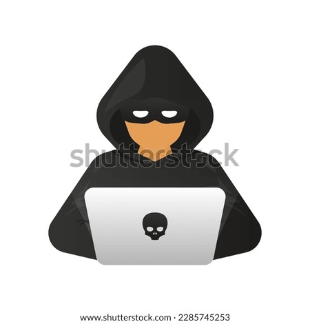 Hacker, Cyber criminal with laptop stealing user personal data. Hacker attack and web security. Internet phishing. Cyber security concept. Vector illustration.