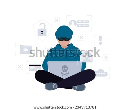 Hacker, Cyber criminal with laptop stealing user personal data. Hacker attack and web security concept. Vector illustration.