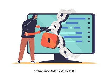 Hacker cyber criminal phishing stealing private personal data from computer. Anonymous hacker man attacking pc for credit card and credentials. Cartoon flat vector illustration