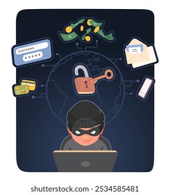 Hacker ou cibercriminoso roubando dados. O ladrão obtém acesso a informações privadas, cartões de crédito, dinheiro, senha de phishing. Problema de segurança da Internet conceito de cibercrime autocolante vetor ilustração