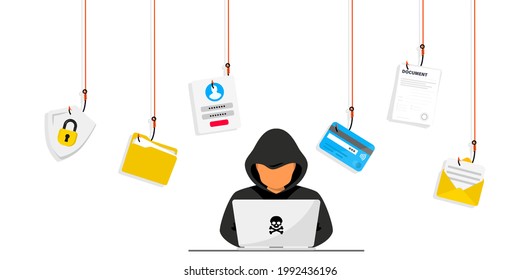 Фишинг хакеров и киберпреступников, кража личных данных, логина пользователя, пароля, документа, электронной почты и кредитной карты. Фишинг и мошенничество, онлайн-мошенничество и кража. Хакер сидит за рабочим столом