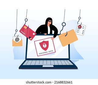 Hacker and Cyber criminals phishing stealing private personal data, user login, password, document, email and credit card. Phishing and fraud, online scam and steal. Hacker sitting at the desktop