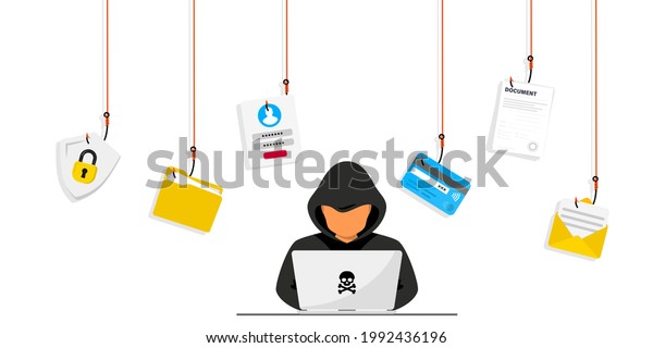Hacker and Cyber criminals phishing stealing\
private personal data, user login, password, document, email and\
credit card. Phishing and fraud, online scam and steal. Hacker\
sitting at the desktop