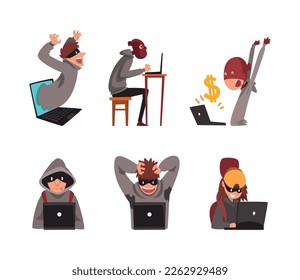 Hacker and cyber criminals stealing private personal data and money. Cyber crime and fraud cartoon vector