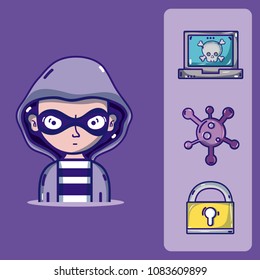 Hacker with cybercrimes and virus symbols
