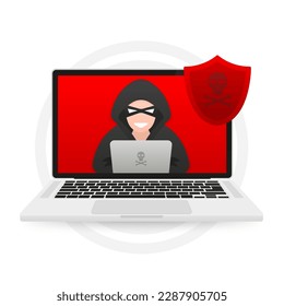 Hacker, cybercriminal with a laptop stealing user's personal data. Hacking and web security. Internet phishing concept. Hacker in a black hood. Cyber attack. Vector illustration