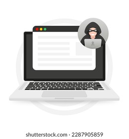 Hacker, cybercriminal with a laptop stealing user's personal data. Hacking and web security. Internet phishing concept. Hacker in a black hood with a laptop. Cyber attack. Vector illustration