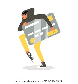 Hacker, cybercriminal, steals personal data, vector flat illustration on white background. A hacker attacks a computer with viruses. The thief is cheating on the Internet