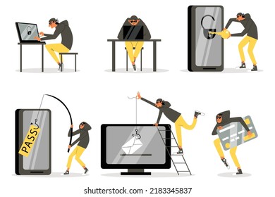 Hacker, cybercriminal, thief, set of vector flat illustrations on white background. Hacker hacks a computer, an account, steals password. Criminal on the Internet steals personal data.