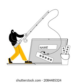 A hacker in a dark hood with a fishing rod catches user passwords on a hook from a laptop. Concept of a vector illustration on the topic of cybercrime and phishing attacks.