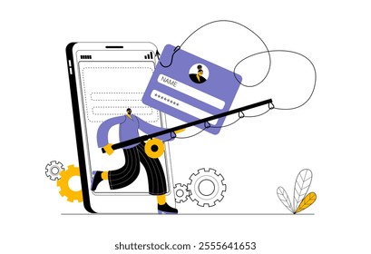 A hacker in a dark hood with a fishing rod catches user passwords on a hook from a mobile phone. Concept of a vector illustration on the topic of cybercrime and phishing attacks.