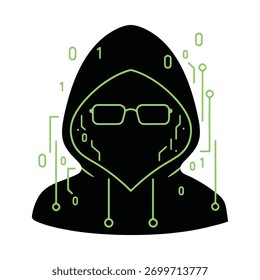 A hacker in a dark hoodie is shown with binary code and circuits, symbolizing cybersecurity, programming, and online anonymity in the digital world vector illustration.