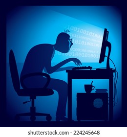 A hacker in a dark room sitting in front of a computer screen.  Eps8 CMYK Organized by layers. Global colors. Gradients used.