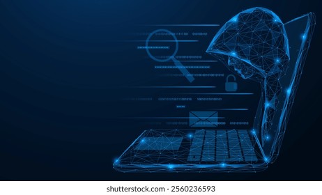 Hacker data theft. A hooded man watches from a laptop screen. Polygonal design of interconnected lines and dots. Blue background.