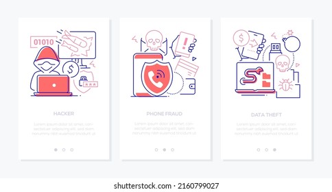 Hacker And Data Thief - Line Design Style Banners Set With Place For Text. Computer Virus, Cyber Attack, Danger, Trojan Email, Bug, Bomb, Skull. Smartphone, Computer, Electronic Gadgets Idea