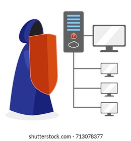 Hacker defender in blue hooded mantle with red shield as metaphor defender cyber security of network server cloud data