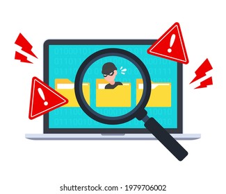 Hacker detected in folder by system scan. Emergency warning of cybercrime alert, data hacking, malware, virus, or trojan. Creative security concept of antivirus. Flat style vector illustration.