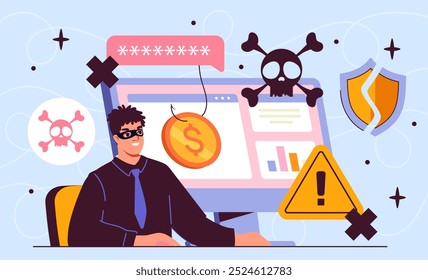 Hacker with digital virus. Man in mask near computer. Malware and antivirus. Hackers attack personal data theft, Internet viruses. Flat vector illustration isolated on white background