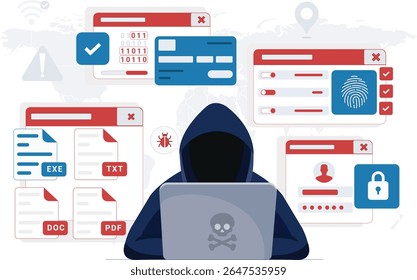 Hacker doing phishing and cyber criminal breaking security and stealing information data concept. Vector Illustration