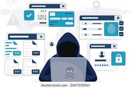 Hacker fazendo phishing e ciber-criminoso quebrando a segurança e roubando o conceito de dados de informações. Ilustração de vetor