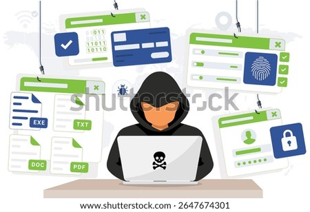 Hacker doing phishing and cyber criminal breaking security and stealing information data concept illustration.