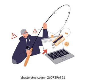 A hacker doing phishing and taking credit card online using laptop. Cybercrime illustration isolated on white background. Flat vector design