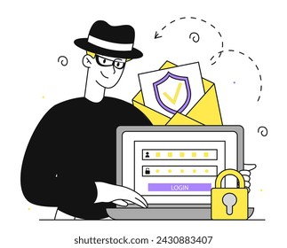 Hacker con correo electrónico en ordenador lineal. Hombre con máscara facial cerca de la computadora portátil. Seguridad y protección en internet. Protección de datos personales. Ilustración plana simple del vector aislada en el fondo blanco