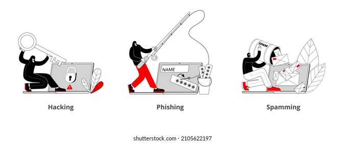 Un hacker se dedica a la suplantación de identidad (phishing) en una laptop. El ladrón abre la protección de la computadora. El spammer ataca al cliente de correo electrónico. Un conjunto de ilustraciones sobre el tema del cibercrimen.