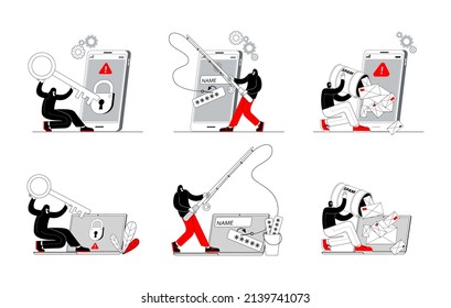A hacker is engaged in phishing on laptop or smartphone. The thief opens the protection of computer and phone. A set of illustrations with characters on the topic of cybercrime.