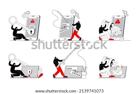 A hacker is engaged in phishing on laptop or smartphone. The thief opens the protection of computer and phone. A set of illustrations with characters on the topic of cybercrime.