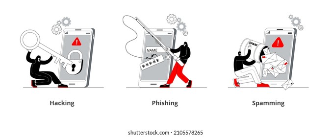 A Hacker Is Engaged In Phishing On A Smartphone. A Set Of Mobile Phone Screen Templates On The Topic Of Cybercrime.