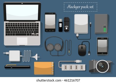 Hacker equipment set. IT gap-gate international. hipster top view style.
