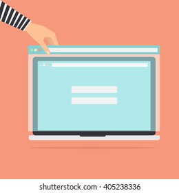 Hacker with fake phishing website for stealing usernames passwords and credit card detail on victim laptop computer. Vector illustration flat design technology data privacy and security concept. 