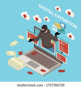 Hacker Fishing Digital Crime Isometric Concept With Digital Extortion Headline And Money Stealer Vector Illustration