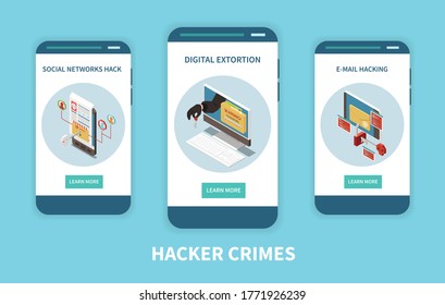 Hacker fishing digital crime isometric colored concept with hacker crimes headline and descriptions vector illustration